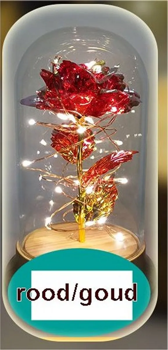 VDTOYS ® LED rose - Eternal rose of affection and love - roos onder stolp - de kleur is rood/goud - hoog 18.5 cm en diam. 11 cm rood goud