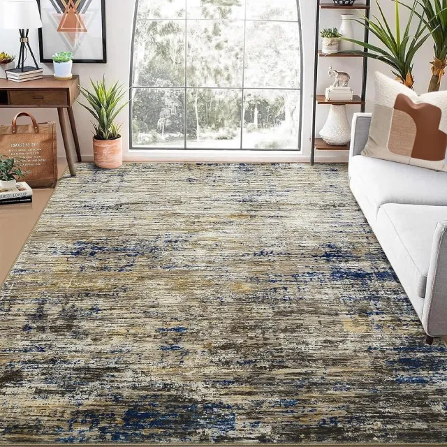 Danky Abstract Vloerkleed Luchtspiegeling 240x340 cm Blauw-camel - Opvouwbaar Groot Poolkleed met Antislip Onderkant