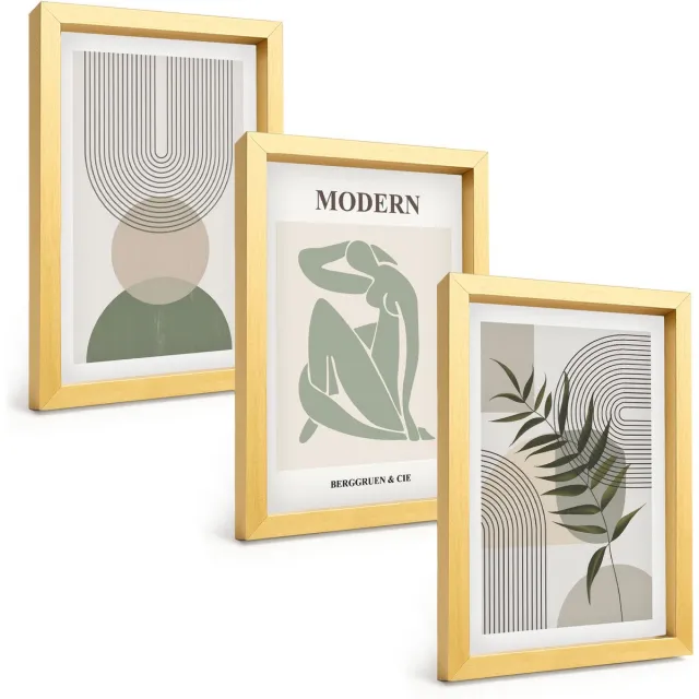 TULUP 4-Delige Schilderij Set - Stijlvolle afbeeldingen met abstracte vormen en planten. - 20 x 30 cm - Moderne Wanddecoratie - Woonkamer - Decoratieve Schilderijen Gouden lijst