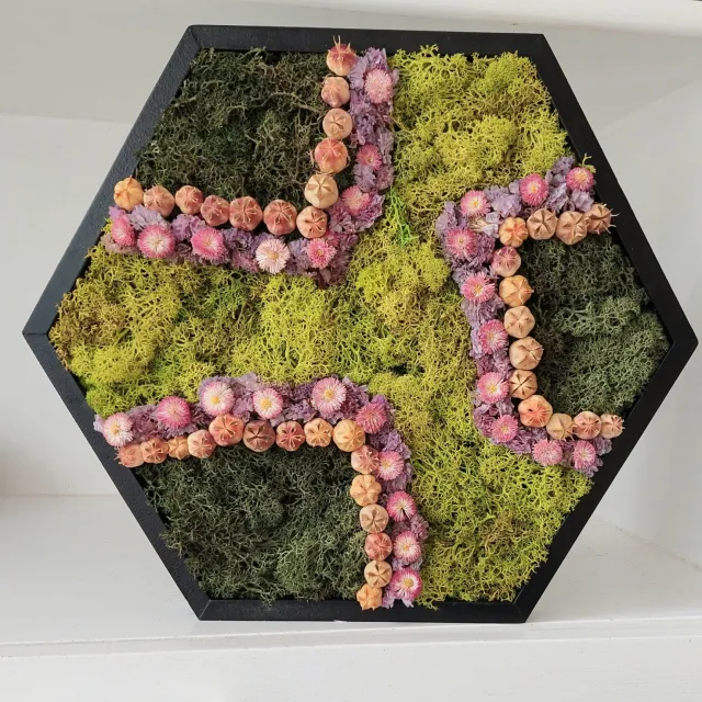 Bloemen en Decoratie 4U Stijlvolle Mosschilderij- Moswand van Rendiermos en droogbloemen- woondecoratie- huwelijks cadeau- geschenk-zeshoek 38cm licht groen , donker groen, lila, roze, beige