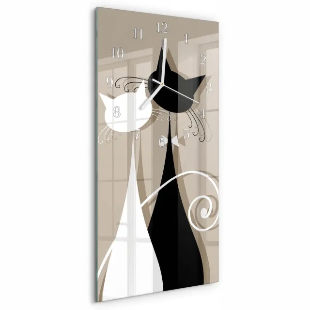 TULUP Wandklok - Katten Moderne Glazen Wandklok - 30x60 cm - Beige Wandklok Glas Met Motief - Witte Handen - Rechthoekige Wandklok - Gekleurde Glazen Klok - Glazen Klok Met Print