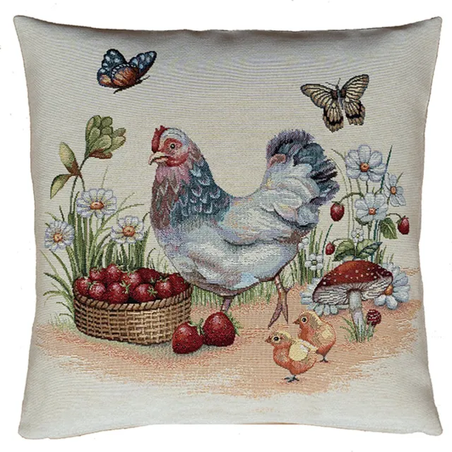Inter Fibpres Kussenhoes - Luxe gobelinstof - Kip - Vlinders - Kuikentjes - Paddestoelen - Farm - Boerderij - 45 cm creme