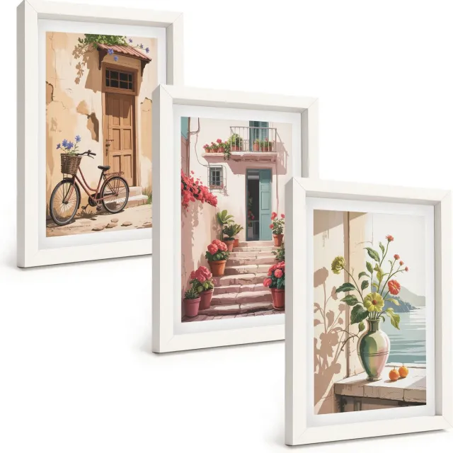 TULUP 3-Delige Schilderij Set - Geschilderde straten met bloemen en een fiets - 20x30 - Moderne Wanddecoratie - Slaapkamer Witte lijst