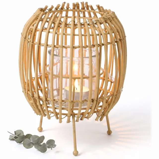 Cheqo Rattan Look Lantaarn - Rotan Look Windlicht voor Kaarsen - Kaarsenhouder op Pootjes - Waxinelichthouder - Ronde Lantaarn voor Binnen en Buiten - Tafeldecoratie voor Woonkamer en Tuin - Boho Decoratie - Beige of Zwart Assorti