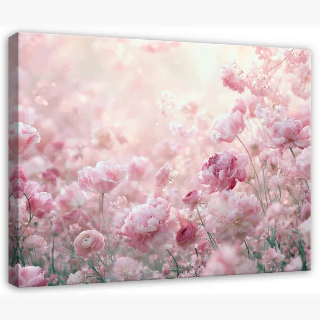 WALLARENA Canvas schilderij 100x70 cm - roze pioenrozen in bloemenweide