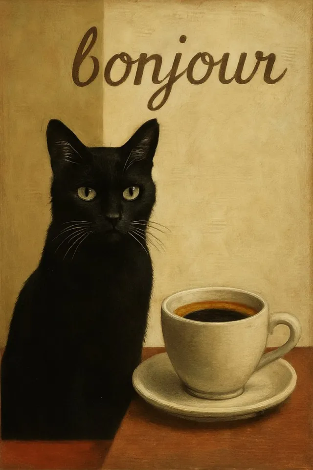 Poster Bonjour Kat Poster Ingelijst 23x33cm – Vintage Franse Koffieprint met Zwarte Kat – Inclusief Zwarte Lijst – Retro Wanddecoratie voor Keuken of Woonkamer Bruin