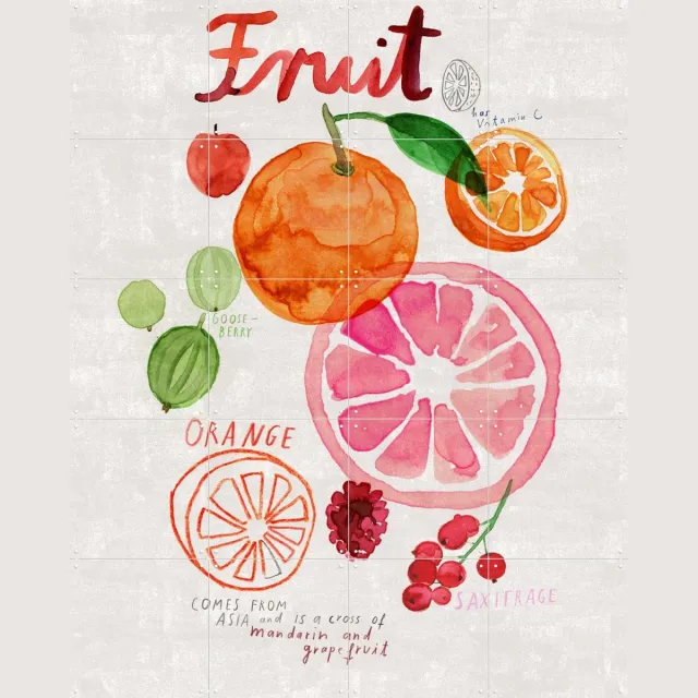 IXXI Fruit, Signorinah - 80 x 100 cm - Grote wanddecoratie en posters - Kleurrijk, Illustraties, Aquarel, Speels, Woonkamer, Keuken, Eetkamer, Zomer Wit / Oranje / Roze / Rood