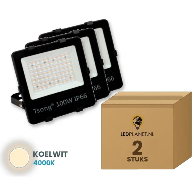 Tsong LED Schijnwerper 100W - 15.000 lm - Koelwit 4000K - 90° - IP66 - 2 stuks - 5 jaar garantie