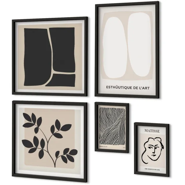 Coloray 5-Delige Schilderij Set - Stijlvolle Graphics In Een Minimalistisch Ontwerp Met Lijnen En Vormen. - 50 x 50 cm, 20 x 30 cm En 40 x 60 cm - Muurdecoratie - Decoratieve Schilderijen - Wohnzimmer - Moderne Wanddecoratie Zwarte lijst