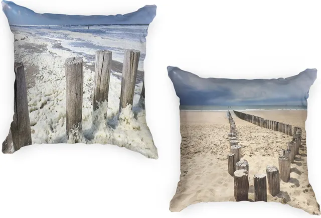 Ulticool Kussenhoes 45x45 cm Set van 2 Buitenkussens Waterbestendig - Wasbaar - Strand Zee Natuur - Zonder Kussenvulling - Sierkussens - Ulticool - Kussenhoesjes – Buiten Tuinkussens Decoratie Loungeset Tuinset Palletbank Palletkussenset - Blauw Wit