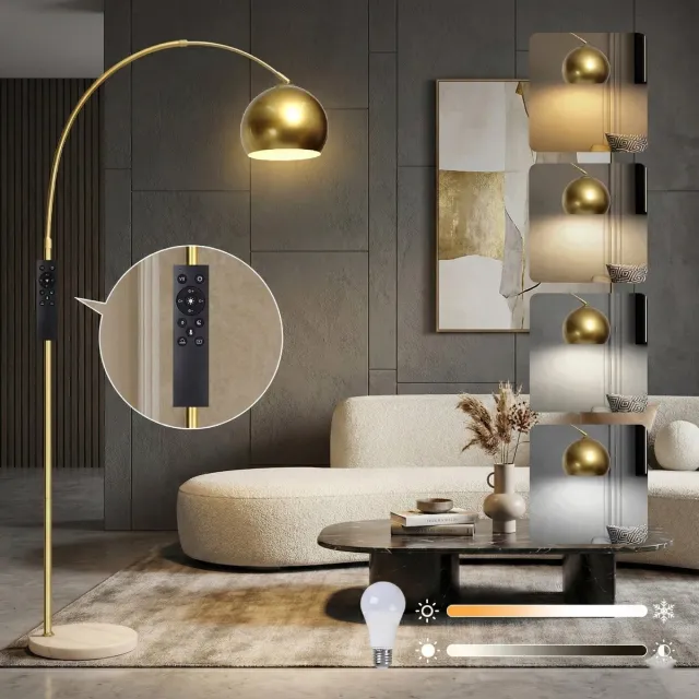 MUPOO Luxe Sfeer Booglamp Goud Metal met 6kg Zware Marmeren Voet - Modern Vloerlamp Dimbaar met Afstandsbediening - Staande Lamp met Kantelbare & Draaibare Kap-Geheugenfunctie - werkmodus - nachtlichtmodus-Voor Woonkamer/Eetkamer/Kantoor
