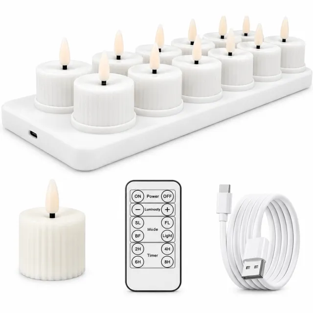 SWGOTA led kaarsen, set van 12 witte geribbelde theelichtjes met warm licht, afstandsbediening en dimfunctie, USB-C-oplaadbaar, inclusief oplaadbasis met 2 rijen van 6 en kabel