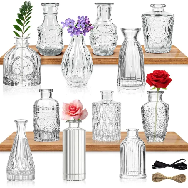 Famanu Set van 12 kleine glazen vazen, vintage tafel middenstukken voor bloemen, ideaal voor woonkamer en eettafel decoratie Transparant