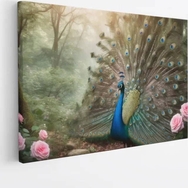 Saammp Canvas Schilderij - Pauw - Portret - Natuur - Dieren - 60x40 - Foto op canvas - Wanddecoratie - Muurdecoratie Woonkamer - Slaapkamer decoratie - Canvas Print Multicolor