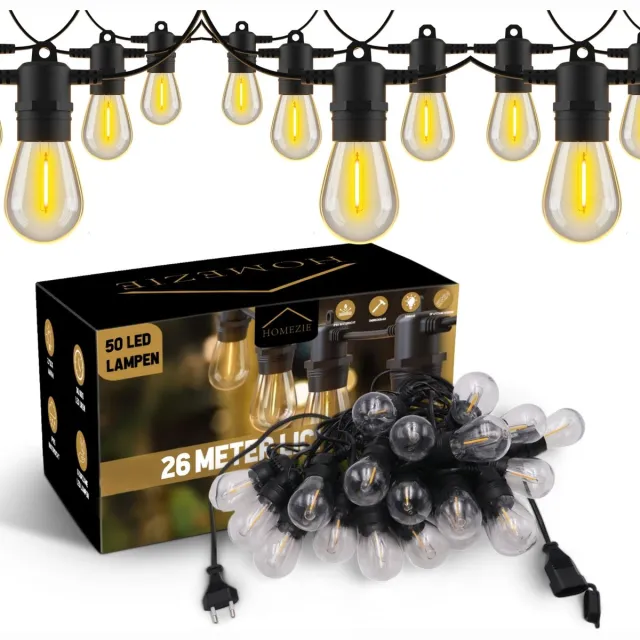 Homezie Lichtsnoer | 26 meter met 50 Kunststof S14 LED lampen | IP65 Waterdicht | Warm wit | Koppelbaar & Dimbaar | Tuinverlichting