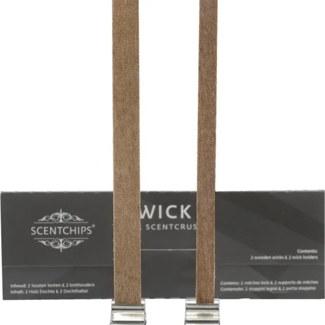 Scentchips Houten Lont 2 stuks + 2 standaarden - Kaarslonten voor zelf kaarsen maken - 12,5 cm Bruin