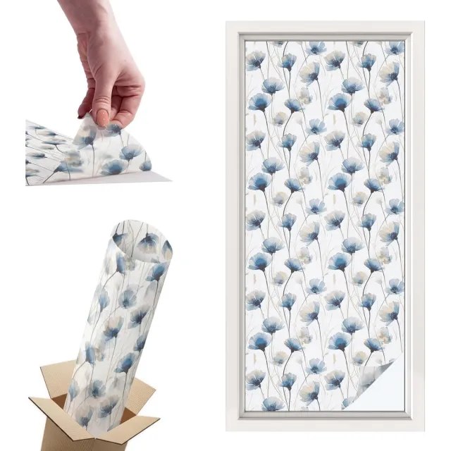 TULUP Raamfolie Anti inkijk - Blauwe bloemen Privacy Folie Raam - 50x116 cm - Wit Anti inkijk Folie - Raamfolie Tegen inkijk Glas in Lood - Voor de slaapkamer, woonkamer en badkamer. - Raamfolie Zonwering Wit - Blauwe bloemen