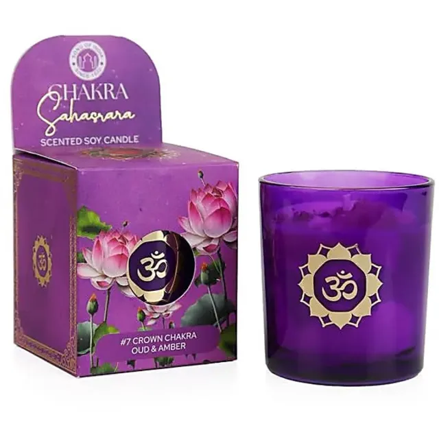 Phoenix Import Mani Bhadra Soja geurkaars Sahasrara chakra oud & amber – Ø7 cm x 8 cm paars