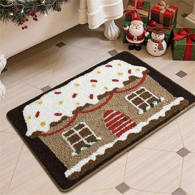YAGXIG Kerstbadkamertapijt - 32" x 20" - Superzacht - Absorberend - Microvezel - Badkamertapijt - Peperkoekhuis Badkamertapijt - Dik - Antislip pluche badkamertapijt Bruin