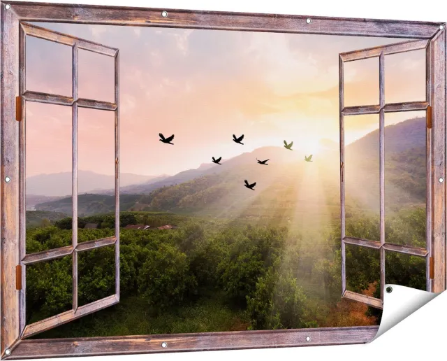 Gards Tuinposter Doorkijk Silhouet Zwerm Vogels bij Zonsondergang - 150x100 cm - Tuindoek - Tuindecoratie - Wanddecoratie buiten - Tuinschilderij Bruin