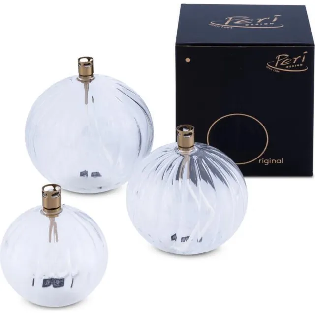 Periglass Olielamp - 3 set - incl trechter - Bol model- Periglass - Ribbel glas- 9-11-13cm - Messing