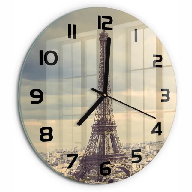 TULUP Wandklok - Eiffeltoren Parijs Glazen Klok Met Print - fi30 cm - Beige Wandklok Glas Met Motief - Zwarte handen - Ronde Klok - Wandklok Glas Decoratie - Gekleurde Glazen Klok