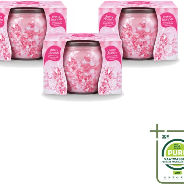 At Home 3 x At Home - Scents - Geurkaars - Cherry Blossom - 70 g - Grootverpakking - Vaatwasstrips - Geurkaars Cherry Blossom - Geur In Huis - Kersenbloesem Geur - Rustgevende Geur - Geur In Woonkamer Roze