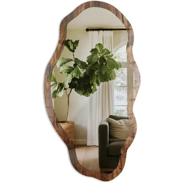 TULUP Houten Constructie Spiegel - Bruin Rechthoekige Spiegel Met Modern Design - Organische Spiegel - Woonkamer - Rustiek - 45x90 cm - Totale afmeting 52x97 cm Houten StructuurPrint, Bruin
