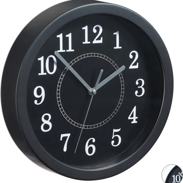 Relaxdays wandklok rond - Ø 20 cm - met cijfers - zacht tikkend - modern - analoge klok - zwart