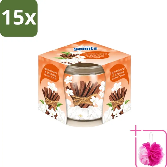 At Home 15 x At Home - Scents - Geurkaars - Sandalwood & Jasmin - 70 g - Bulkverpakking - Geurkaars - Douchemop - Sandelhout Bruin