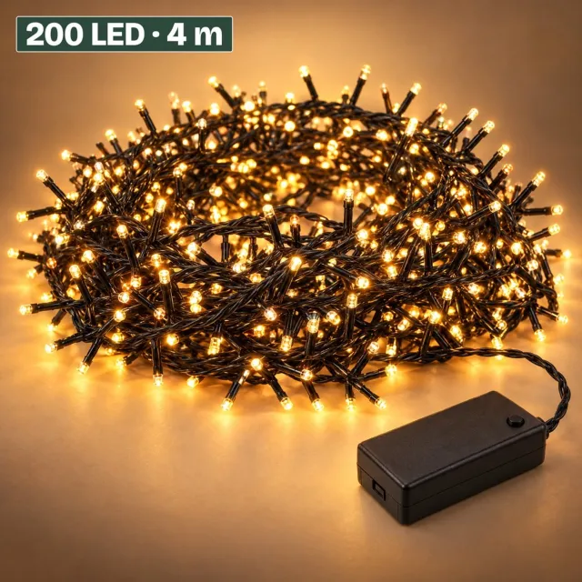 Levano Kerstboomverlichting 200 LED 4 m - Kerstverlichting op Batterij - Lichtsnoer Binnen - LED Verlichting - Kerstlampjes - Clusterverlichting - Kerstverlichting Buiten - Micro Cluster - Warm Wit - Extra Warm Wit - Timer - Sfeerverlichting