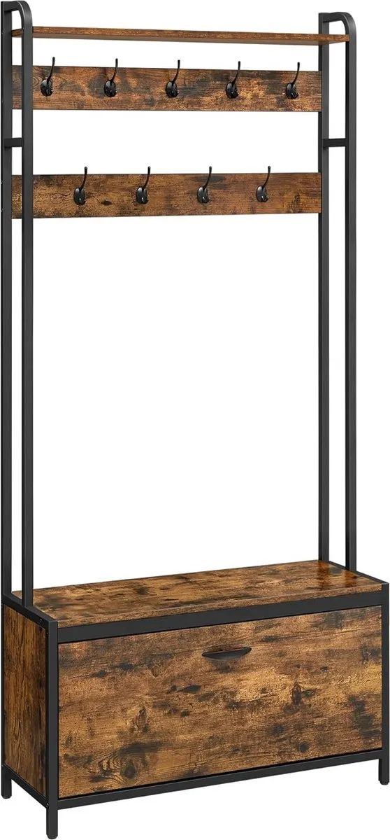 FurnStar Kapstok met schoenenopberger - Met bank - 9 haken en bovenste plank - Voor hal - Slaapkamer - Industriële stijl - Rustiek bruin en Zwart