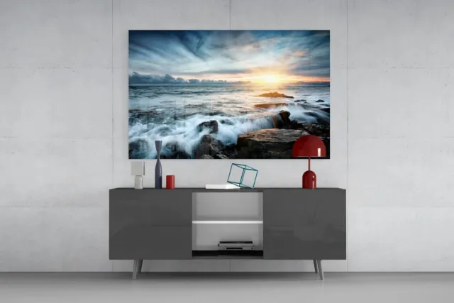 Insigne Art Glasschilderij - Zonsondergang - Landschappen Schilderij - Wall Art - Uv-Print - 90x60x0.4 cm Blauw