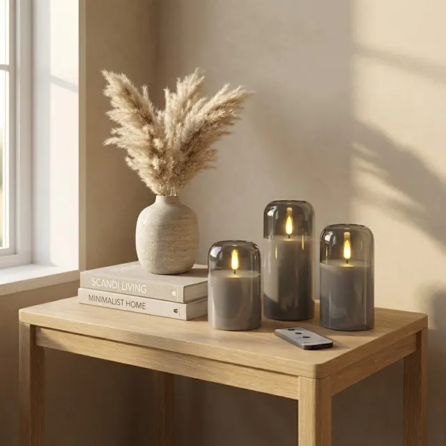 OMNIEXA LED Kaarsen Set van 3 in Glas - 3D Vlam en Timer - Afstandsbediening - Grijs Rookglas Donker Grijs