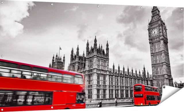 Gards Tuinposter Rode Bussen in Londen - Retro - 180x90 cm - Tuindoek - Tuindecoratie - Wanddecoratie buiten - Tuinschilderij Multikleur