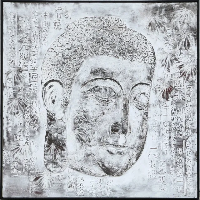 Fine Asianliving Olieverf Schilderij 100% Handgeschilderd 3D met Reliëf Effect en Zwarte Omlijsting 100x100cm Boeddha Rechts Grijs