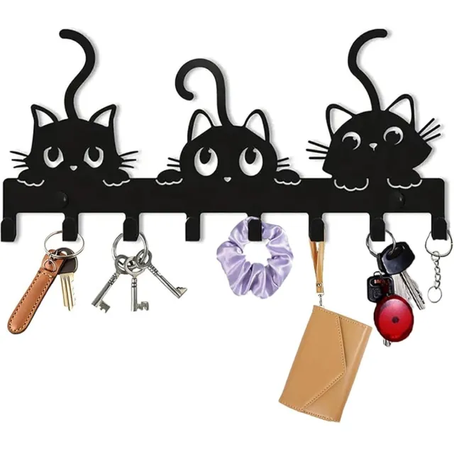 GelldG Moderne metalen sleutelhouder - Kattenpatroon - Sleutelorganizer - Sleutelhaken - Wandkapstok - Met 8 haken - Geschikt voor gangen, appartementen, woonkamers en keukens - 3 katten zwart