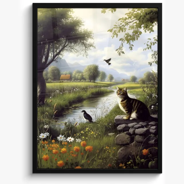 FrameYourWall Poster in lijst - Fotolijst 50x70 cm - Posters - Kat - Beekje - Weide - Posterlijst zwart - Decoratie - Wanddecoratie woonkamer - Muurdecoratie slaapkamer Kat - Natuur