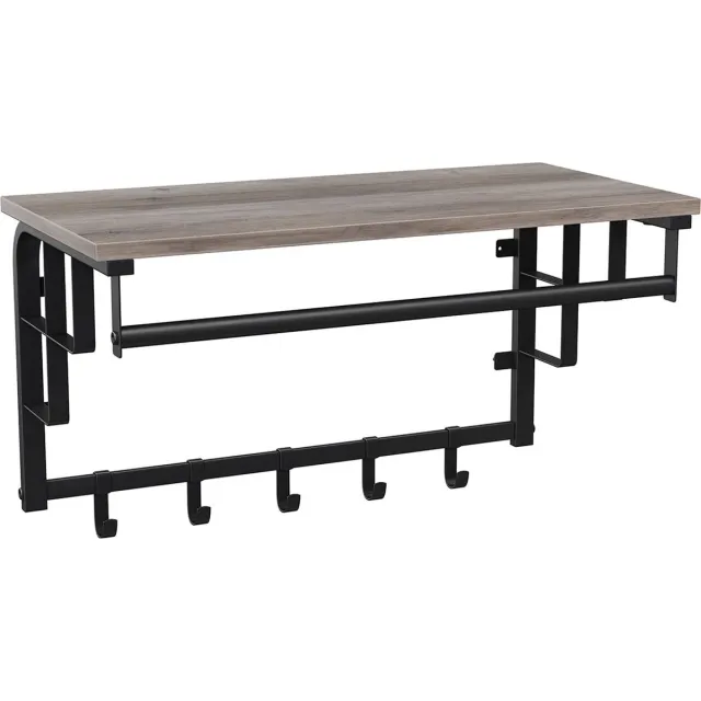Vasagle wandgarderobe met plank - 6 haken - 66 x 30 x 27 cm - hout met metaal - zwart emt grijs/bruin