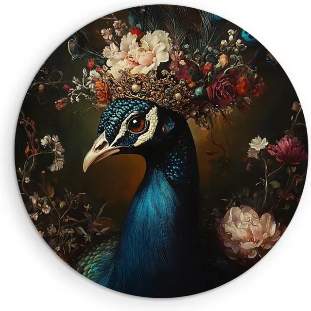 Saammp Muurcirkel Hout - Pauw met kroon - Bloemen - Dieren - Natuur - Ø 40 - Wandcirkel - Wanddecoratie Cirkel - muurdecoratie Woonkamer - Slaapkamer decoratie - Rond Schilderij