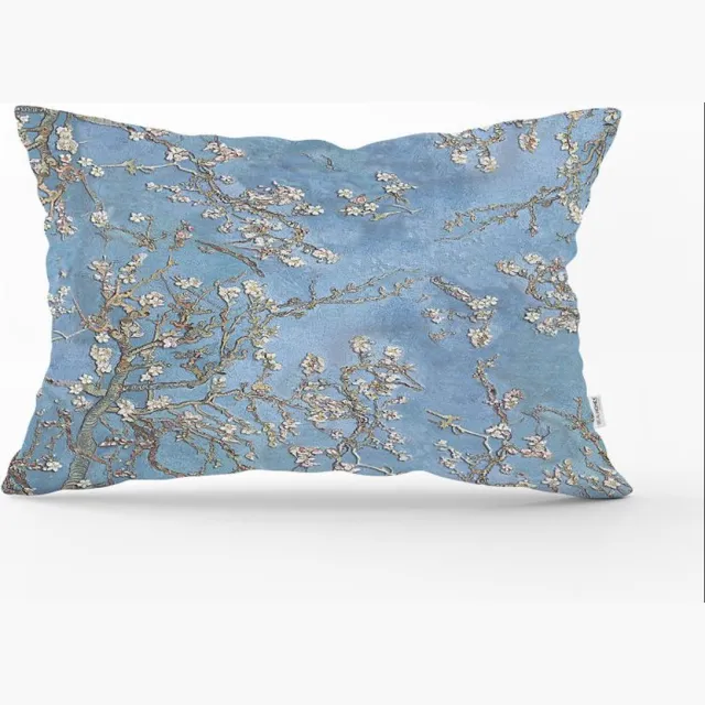 De Groen Home KUNST Sierkussen Velvet - 30x50 - Van Gogh Amandelbloesem - Inclusief binnenkussen - Fluweel Lichtblauw