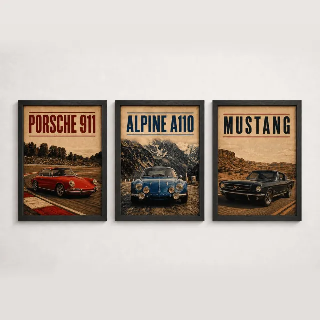 Joshimo Klassieke Auto Poster Drieluik | Porsche 911, Alpine A110 & Mustang | Inclusief 3 Zwarte Lijsten Beige