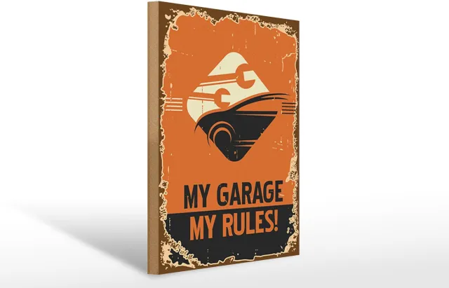 Femer Holzschild Retro 30x40cm Auto my garage my rules Zwart