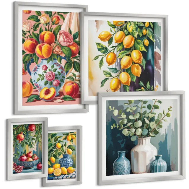 TULUP 4-Delige Schilderij Set - Fruitcomposities met bloemen en keramische vazen - 50 x 50 cm, 20 x 30 cm en 40 x 60 cm - Wanddecoratie - Schilderijen Set - Kantoor Zilveren lijst