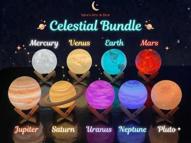 Vera's Arts & Dice Planeet Lampen - The Celestial Bundle - Planeten Bundels - Mercurius Venus Aarde Mars Jupiter Saturnus Uranus Neptunus Pluto Meerkleurig