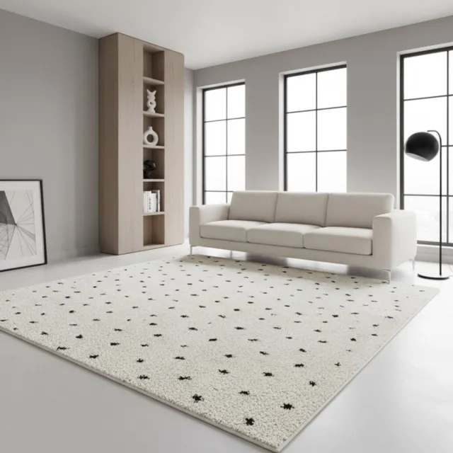 TapisTrend Harig tapijt Crème 120x170 cm Crèmekleurig hoogpolig vloerkleed met kleine zwarte stippen en franjes voor de woonkamer en slaapkamer Beige
