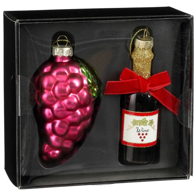 Mica Decorations ornamenten box wijnfles & druiven - glas Paars