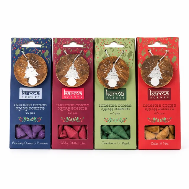 Out of the Blue Kerst wierookkegels set - kerst geur - Karma scents - 4 kerstgeuren - kaneel, gluhwein, wierook en mirre, ceder en den - kerst