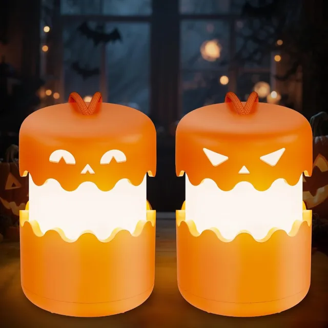 KZQ 2 stuk Oplaadbare Halloween pompoenlantaarn - Opvouwbare lantaarn - Tafellamp - Halloween decoratie - Halloween verlichting - Geel