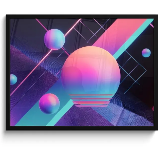 FrameYourWall Poster in lijst - Fotolijst 80x60 cm - Posters - Cirkels - Vlakken - Abstract - Blauw - Posterlijst zwart - Decoratie - Wanddecoratie woonkamer - Muurdecoratie slaapkamer Cirkels - Neon